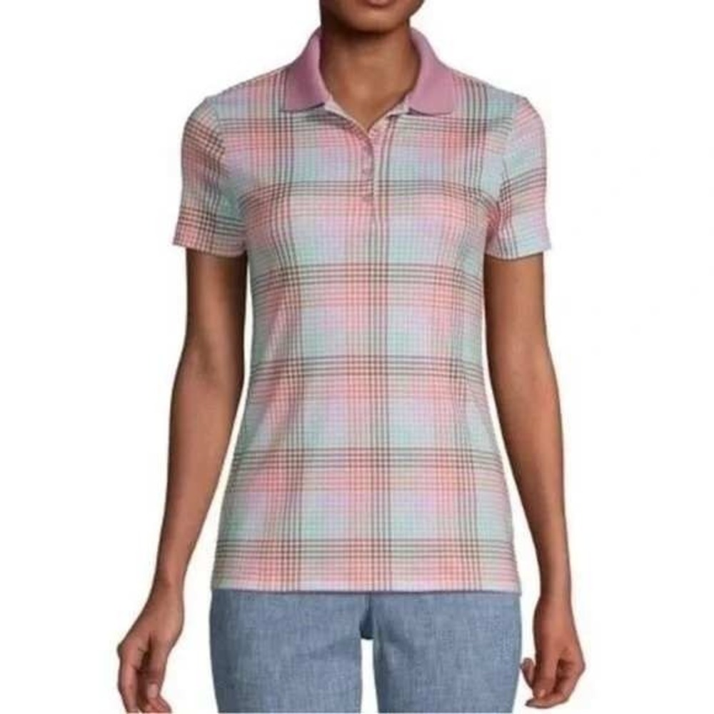 Lands' End Pastel Pink and Mint Plaid Short Sleeve Polo
